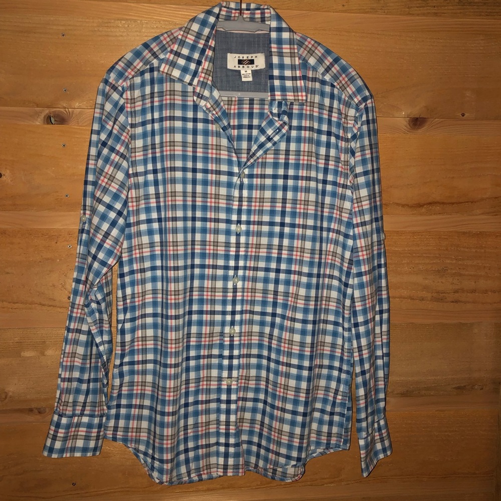 Plaid blue pink white button front shirt Joseph Abboud size Medium 100% Medium
